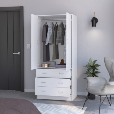 Wardrobe Wood Armoire Closet w/LED Light, Hanging Rail Cabinet Storage Organizer
