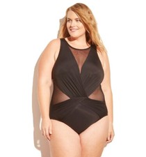 Aqua Green Ladies Plus Size Mesh Inset One Piece Swimsuit Black Plus Size 16W