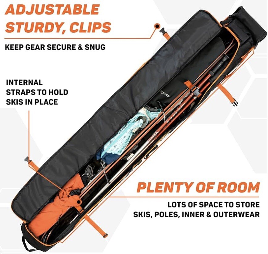 New Sukoa Unpadded Orange Black Ski Bag Luggage Holds up to 200 cm Skis