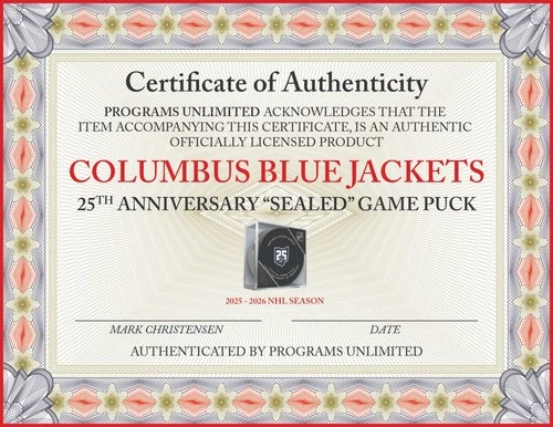 2025 COLUMBUS BLUE JACKETS 25TH ANNIVERSARY GAME PUCK CUBE NHL HOCKEY SEALED COA - Picture 4 of 4