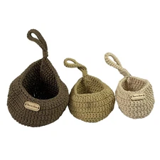 Fleur Di Marie Crochet Hanging Storage Baskets Set Of 3 Neutral Brown Decor