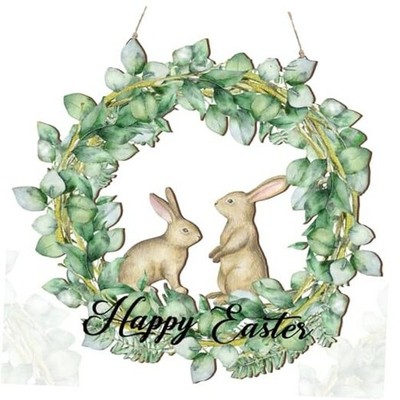 Happy Easter Laurel Wreath Bunny Front Door Sign Wooden Easter Wall Art 