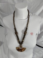 Vintage Boho Wooden Bead Statement Necklace Brown Gold Shimmer Resin Pendant 70s