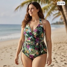 NWT Swimsuits For All Halter Neck Wrap One Piece Swimsuit 16 Multi Tropical