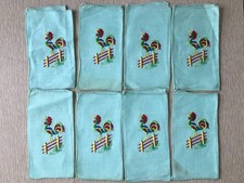 Retro Linen Cocktail Napkins with Embroidered Rooster on Fence Aqua Set of 8