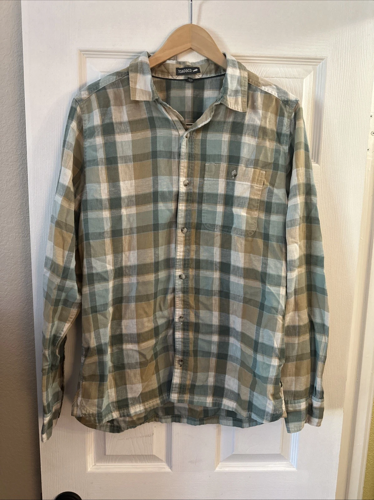 Toad & Co Men’s Size Medium Plaid Linen Button Down, Hiking, Camping, Fishing