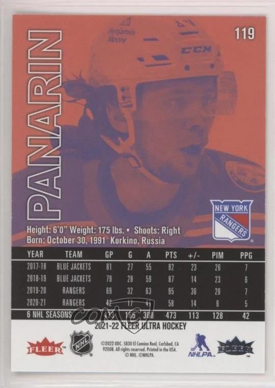 2021-22 Upper Deck Fleer Ultra Gold Speckled Rainbow Foil Artemi Panarin #119 - Image 2 of 2