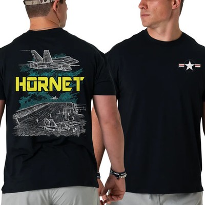 U.S. Navy Hornet T-shirt, 2 Sides F/A-18 Jet Launch Graphic with Carrier Deck Sc