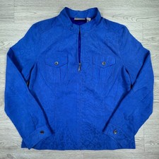 Chico's Women's Jacket Blue Size 1 Medium Faux Suede Animal Print Zip Up Utility