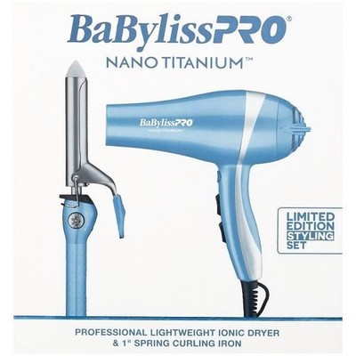 Babyliss Pro Nano Titanium Set Lightweight Ionic Dryer & Spring Curl Iron 1'' NEW