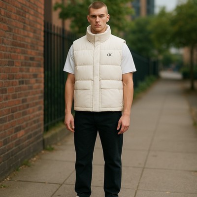 Calvin Klein Herren Weste L Weiß Wasserabweisend Gepolstert Gesteppt Zip UVP 179