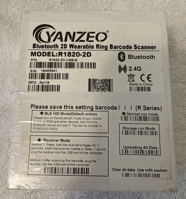 Yanzeo Bluetooth 2D Wearable Ring Barcode Scanner Model R1820-2D