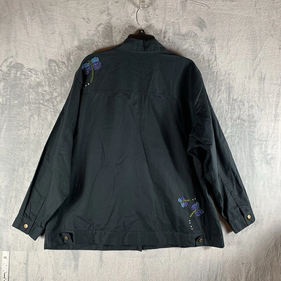Quacker Factory Women 2X Denim Jacket Dragonfly Black Beaded Shacket Embroidered - Image 2 of 4
