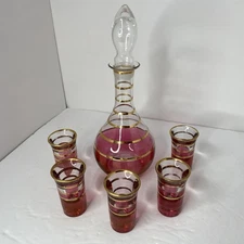 Vintage Murano Style Cranberry/Clear Gold Stripes 32 Ounce Decanter / 5 Cordial