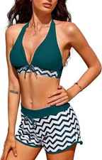 heekpek Tankini Sets Shorts Two Pieces Swimsuit Halter Neck BikinI Green White