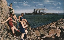 Swimsuit/Pinup Four Women Bathes the Rocks as Ship Passes By Vintage Postcard