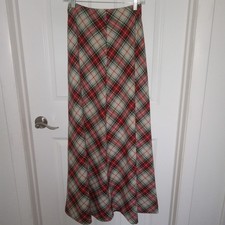 Vintage 70's Wool Red Plaid "A" line Maxi Skirt back zip Handmade XS Acadamia