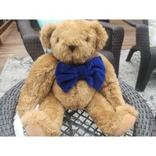 Vermont Teddy Bear Blue Velvet Bowtie Jointed 16  Authentic Light Brown Plush