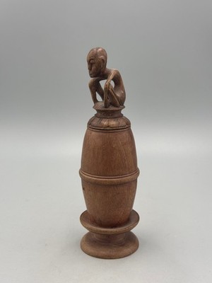 Vintage African Tribal Carved Wood Lidded Container w/ Seated Figure Finial 7''