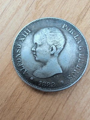 Pièce Argent Silver 5 Pesetas Espagne 1888 - Alphonse XIII Bébé Cheveux Courts - Photo 1/2