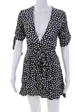Faithfull The Brand Womens Floral V Neck Tie Waist Mini Dress Blue Size 4