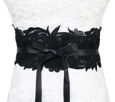 Womens Faux Leather Lace Wrap Around Obi Belt Waist Boho Band Wide Belts,Black