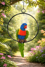 22cm Rainbow Lorikeet Parrot Australian Bird on Metal Tropical Swing Ring Garden