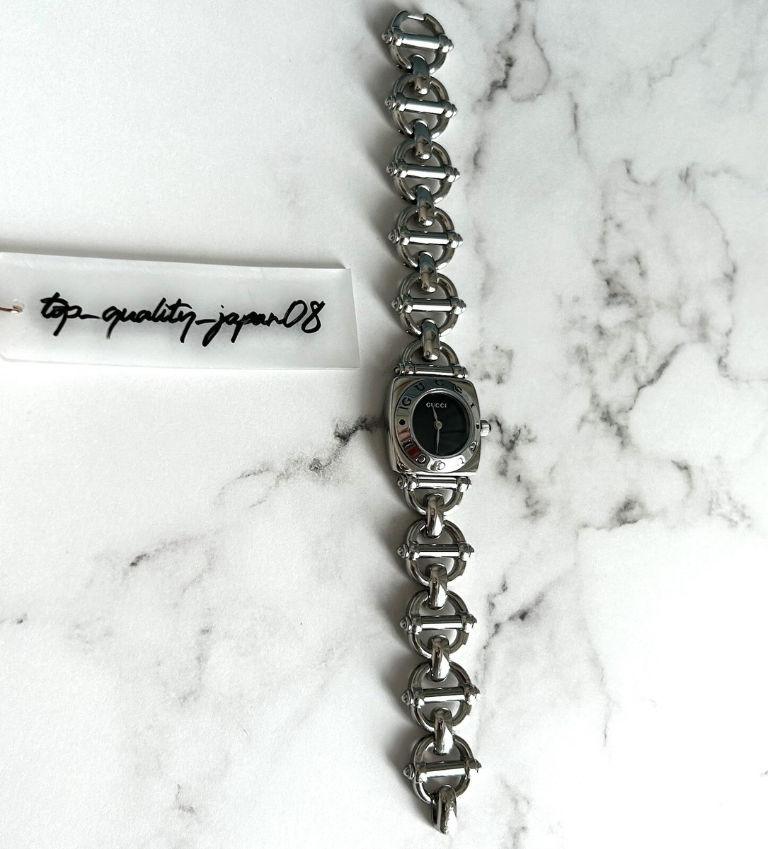 GUCCI 6400L Silver Plated Quartz Black Dial Women Watch Fast