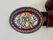 Lovebirds Handmade mosaic Western Brass Belt Buckle With Beaded Border