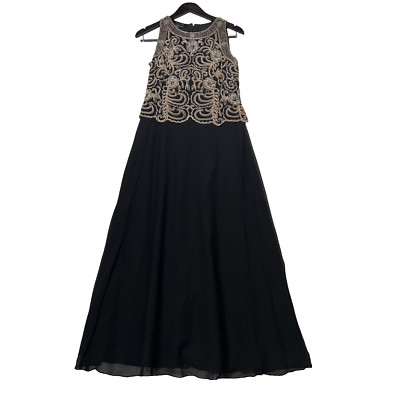 J KARA Back Chiffon Gold Beaded Long Formal Dress Size 10P Petite Evening Gown