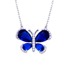 Sterling Silver Necklace w/ Clear  Blue Colored CZ Stones Butterfly Pendant