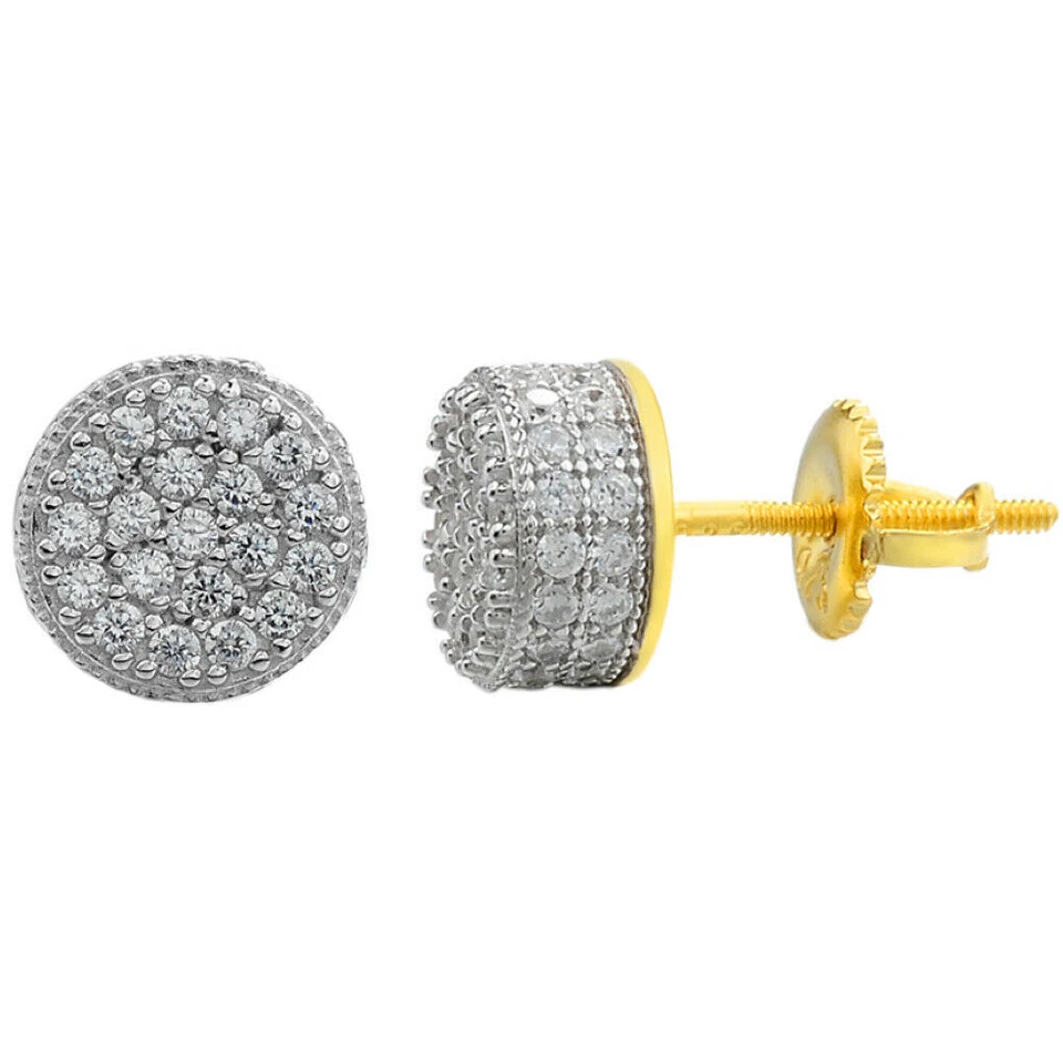 Mens Real 14k Gold Plated 925 Sterling Silver 1/3" Round Earrings CZ Studs Iced