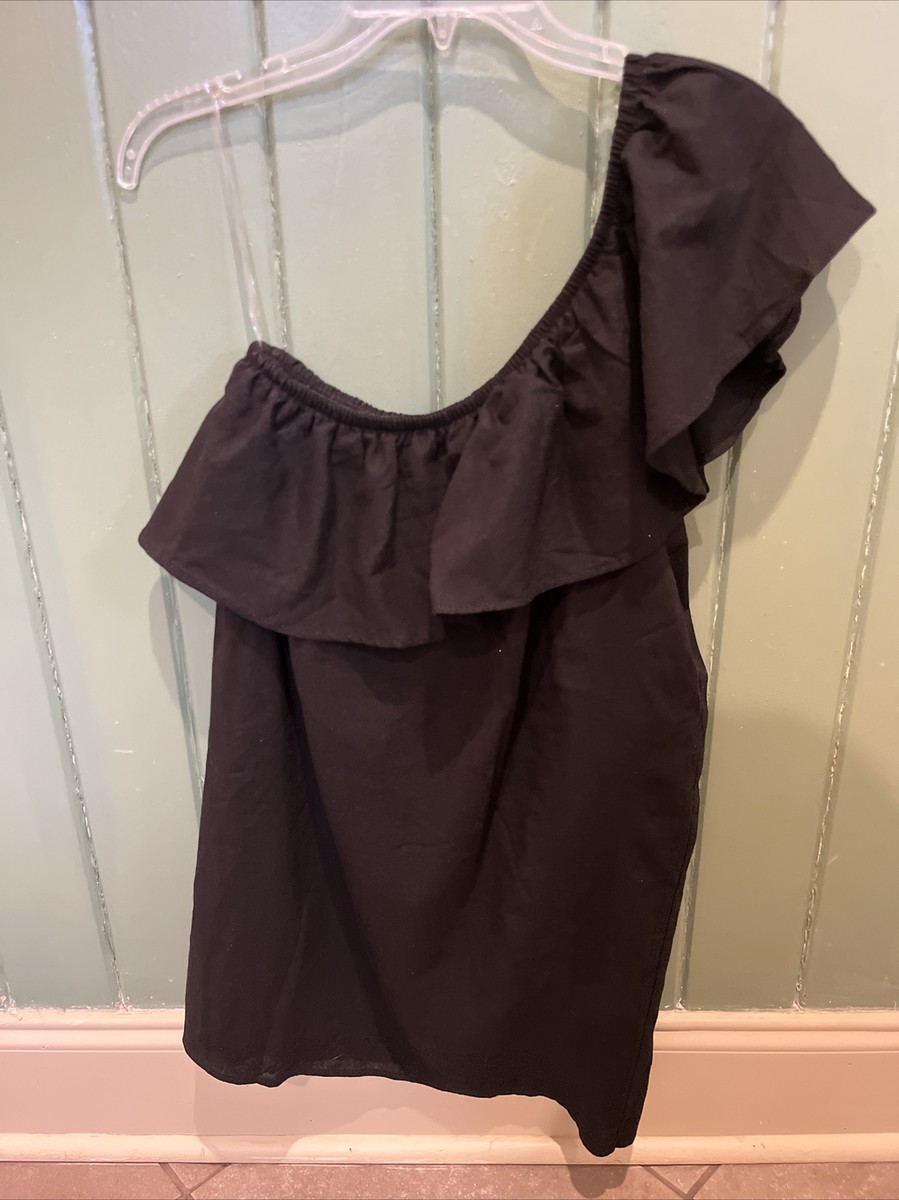 Women's Newbury Kustom Black One Shoulder Ruffle Black Mini Dress Lined  Linen