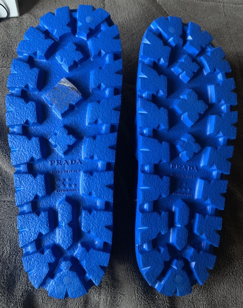 New Prada Made In Milano Italy Blue Rubber Pool Slides Sandals