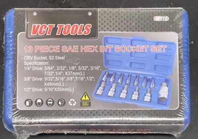 VCT Tools 10072 13 Piece SAE Hex Bit CRV Socket Set 1/4 , 3/8 , 1/2  Drive