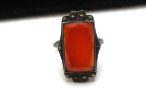 ANTIQUE CARNELIAN 925 SILVER RING GERMANY EMERALD CUT ADJUSTABLE BAND JEWELRY