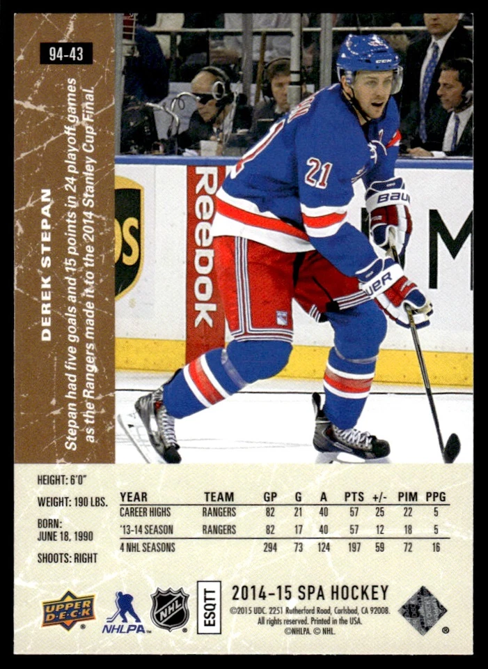 2014-15 SP Authentic 94-95 Retro Derek Stepan New York Rangers #94-43 - Image 2 of 2