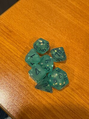 Dice set of 7 - green sparkle, polymer - D4, D6, D8, D10, D12, D20, D100
