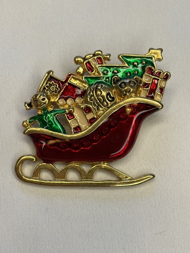 VTG Brooch Red Green White Enamel Christmas Santa Sleigh W/ Toys, Tree, Gifts