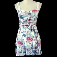 Free People Boho Floral Linen Blend Dress Crochet Strap Fit Flare Tie Back Sz 4