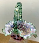 Vtg Fenton Signed #1638/6000 Rose Magnolia Sea Green Iridescent Basket 7.5"H