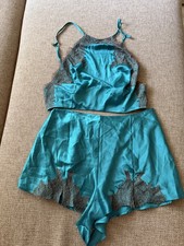 Victoria's Secret Satin Rose 6 Lace-Trim Cami Flutter Short Set Green L