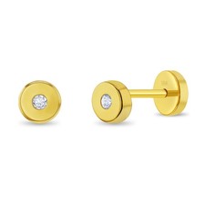 18k Gold Round Bezel Baby / Toddler / Kids Earrings Safety Push Back