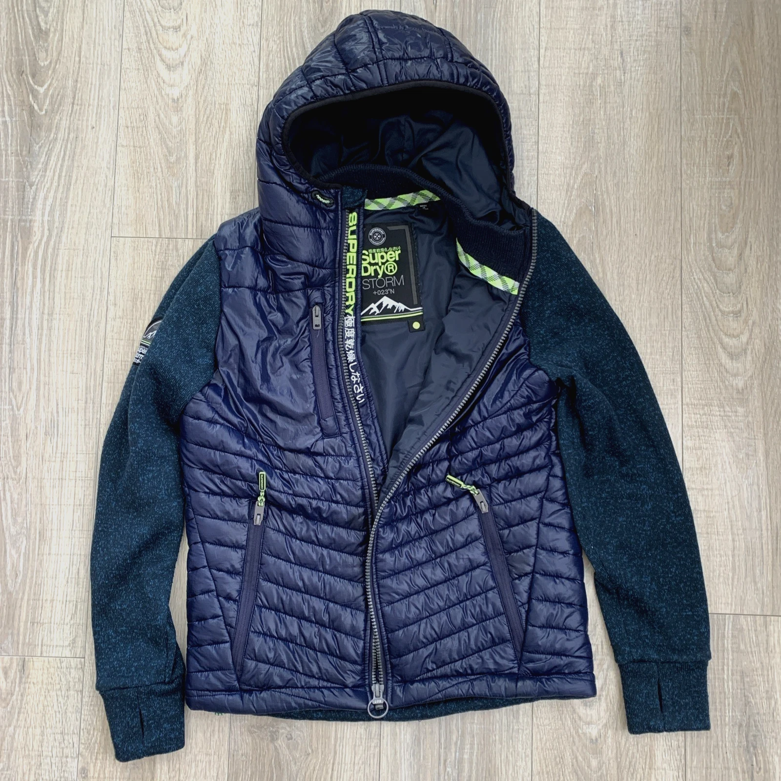 Superdry Storm Hybrid Hooded Jacket Navy Blue Quilted Puffer Zip Pockets Mens L
