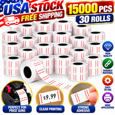 15000 White Price Gun Labels 30 Rolls 21 x 12 mm Double Red Lines
