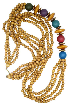 VINTAGE WOODEN BEADED 44'' NECKLACE 4 STRANDS MULTI COLOR LARGE BEAD ACCENTS DISC
