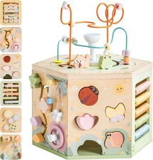 Wooden Activity Cube, Montessori Toys for 1+ Year Old, Educational Toy with 13 F