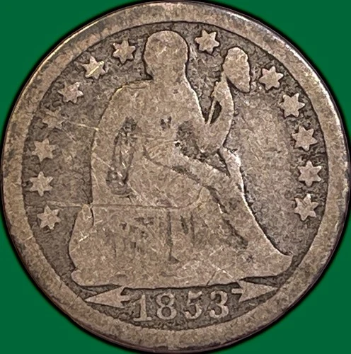 1853 Arrows Seated Liberty Dime Good G Coin, Scratch #35963