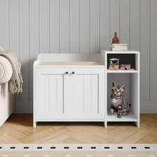 Hidden Cat Litter Box Furniture w/Barn Door, Dog Proof Storage for Large Boxes
