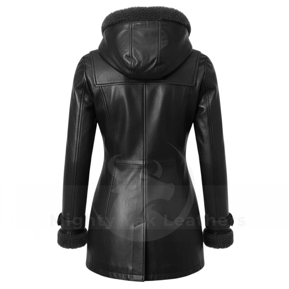 Chaqueta de cuero de oveja real negra para mujer Abrigo con capucha Invierno Cálido Palanca Foto 2 de 4